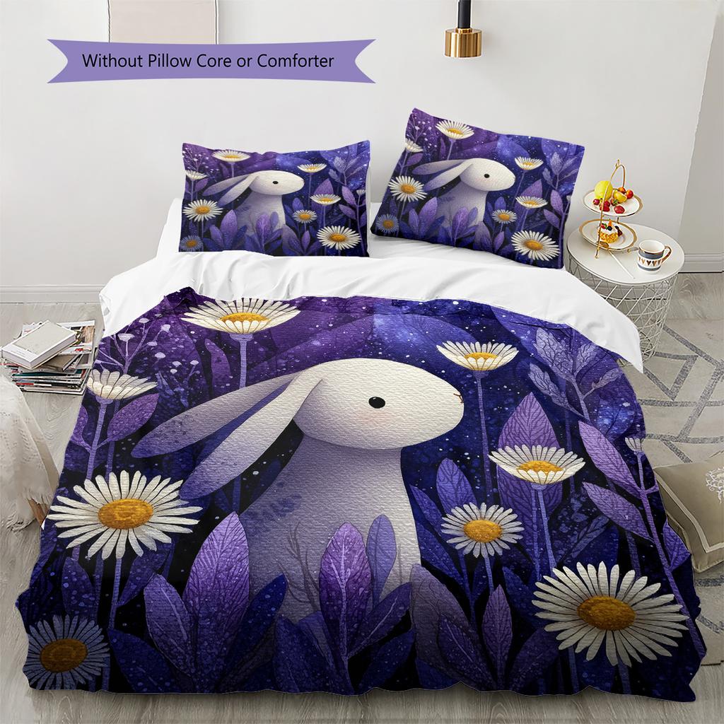 Blumenhasen-Muster Bettwäsche Bettdecke Set Heimdekoration Geschenk (1 Bettbezug + 2 Kissenbezüge, ohne Füllung)