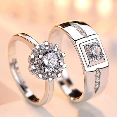 Classic Silver Couple Ring with Opening Set with Zirconium Blooming Flower Bud Shaped Male and Female Wedding Ring Student Fashion Engagement Ring