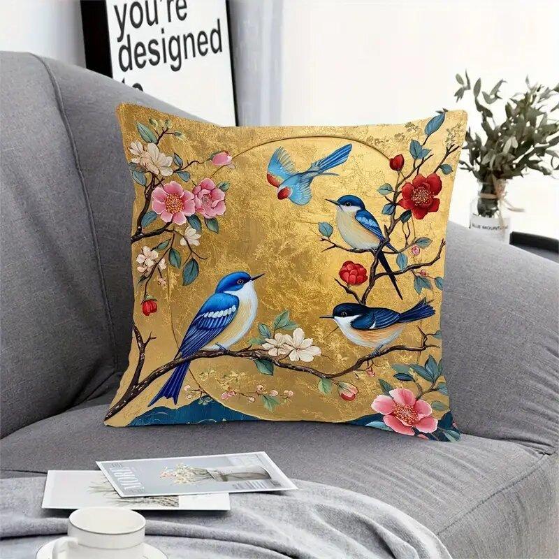 Luxury Gold Floral And Bird Print Pillowcase Hidden Zipper Closure Decorative Throw Pillow Cover Accent Cushion Case