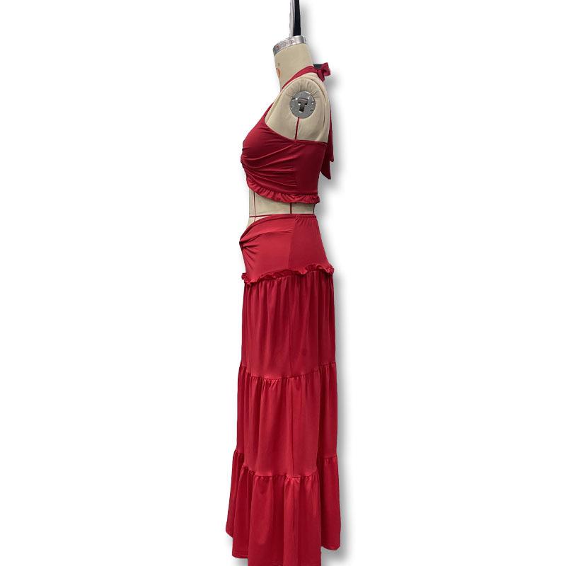 European & American Style Women's V-Neck Halter Camisole and Ruffle Skirt Set