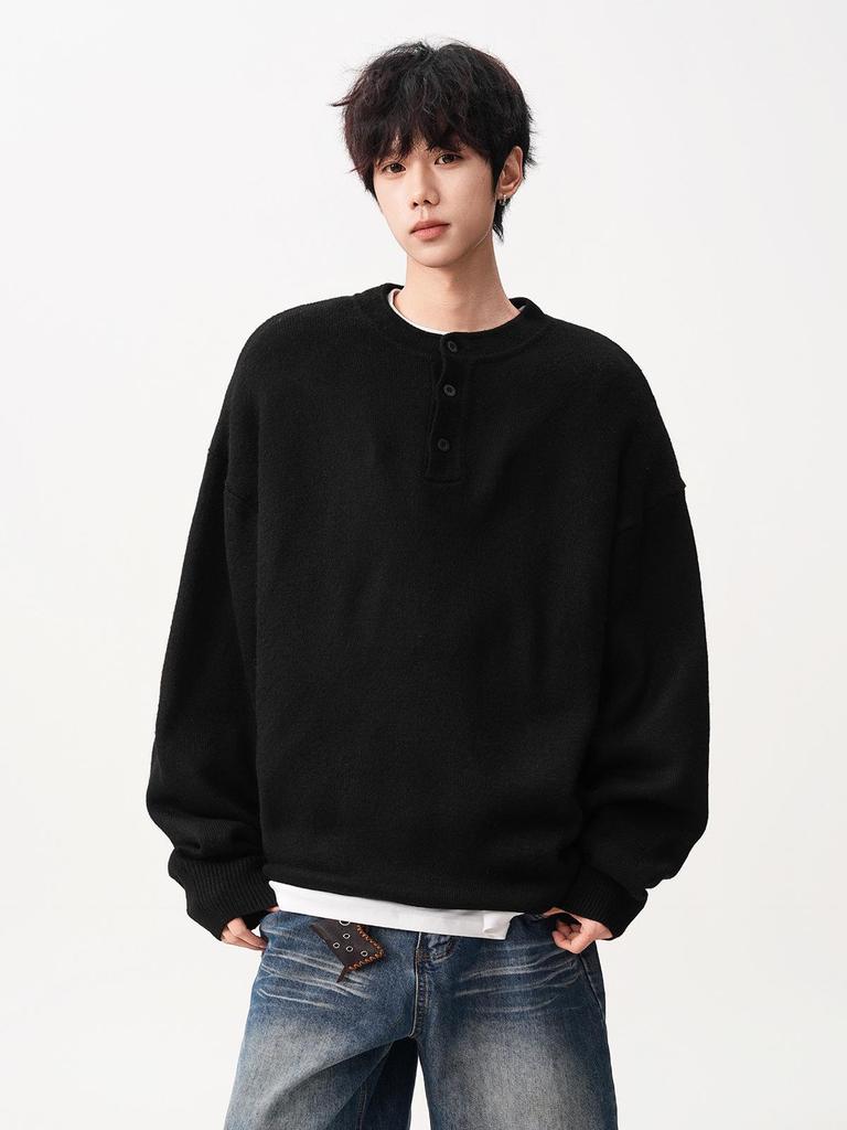 Men's Trendy Solid Color Henley Neck Sweater Jacket - Autumn Winter Loose Casual Knitwear