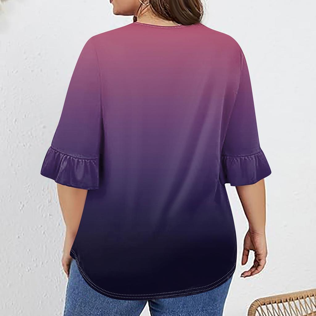 Women's Fashion Casual  Printed V-Neck Pleated Seven Minute Sleeve Ruffle Sleeve T-Shirt Plus Size Tops