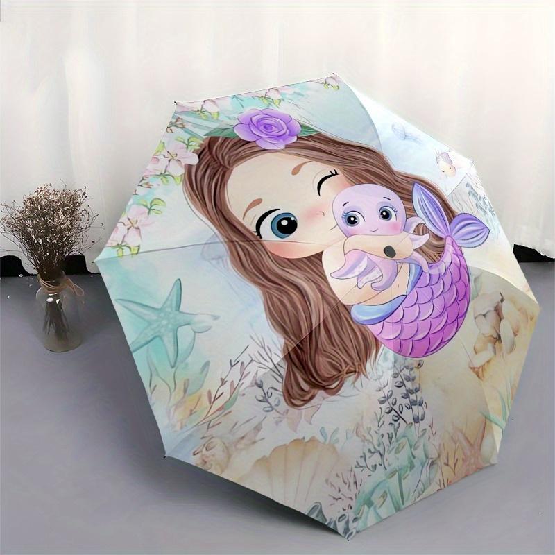 Mermaid,Ocean Automatic Folding Umbrella  Simple 8 Rib Design, Bright Cartoon Pattern, Durable Iron Frame, Suitable For Travel, Outdoor, Bea
