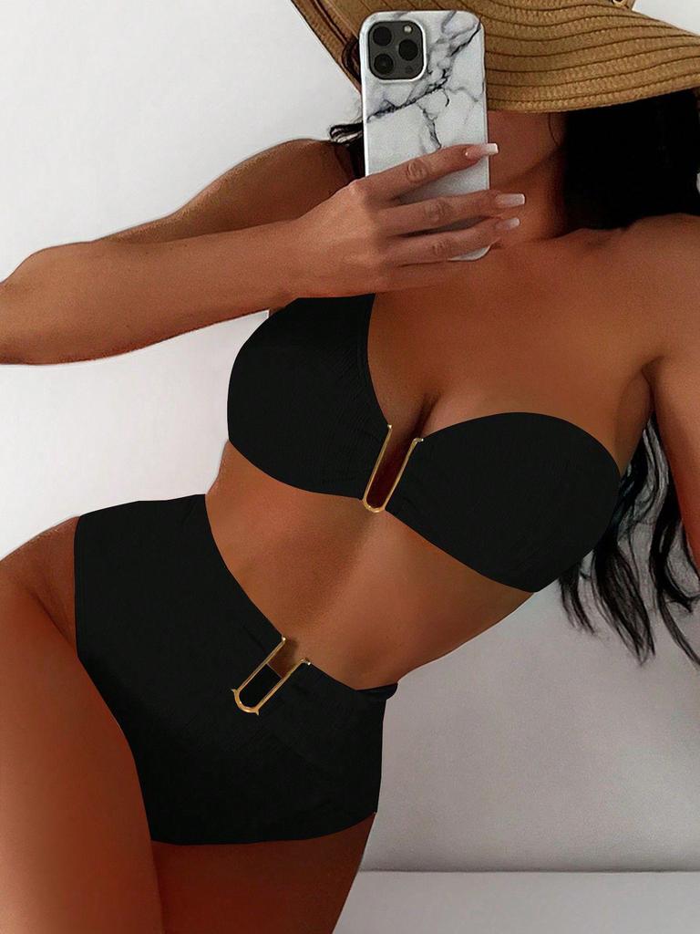 European-American Style 2025 One-Shoulder Solid Color Bikini Swimsuit for Women