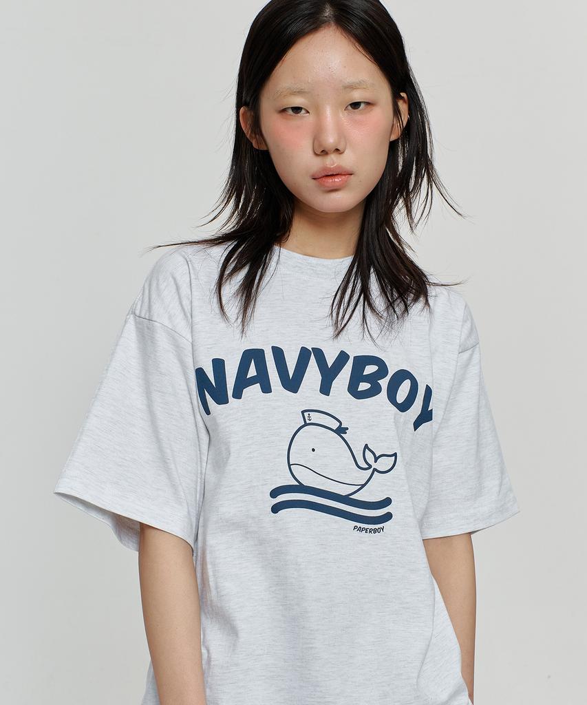 PAPERBOY Navy Boy Short Sleeve T-Shirt - White Melange