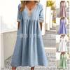 Women Lace V Neck Midi Dress Half Sleeve Pockets Loose A Line Cotton Linen Casual Summer Dress S-3XL