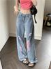 Damen Vintage Blaue zerrissene Jeans Baggy Denim Hose Hohe Taille Koreanische Y2k Streetwear Weibliche Punk Breite Beinhose Kleidung