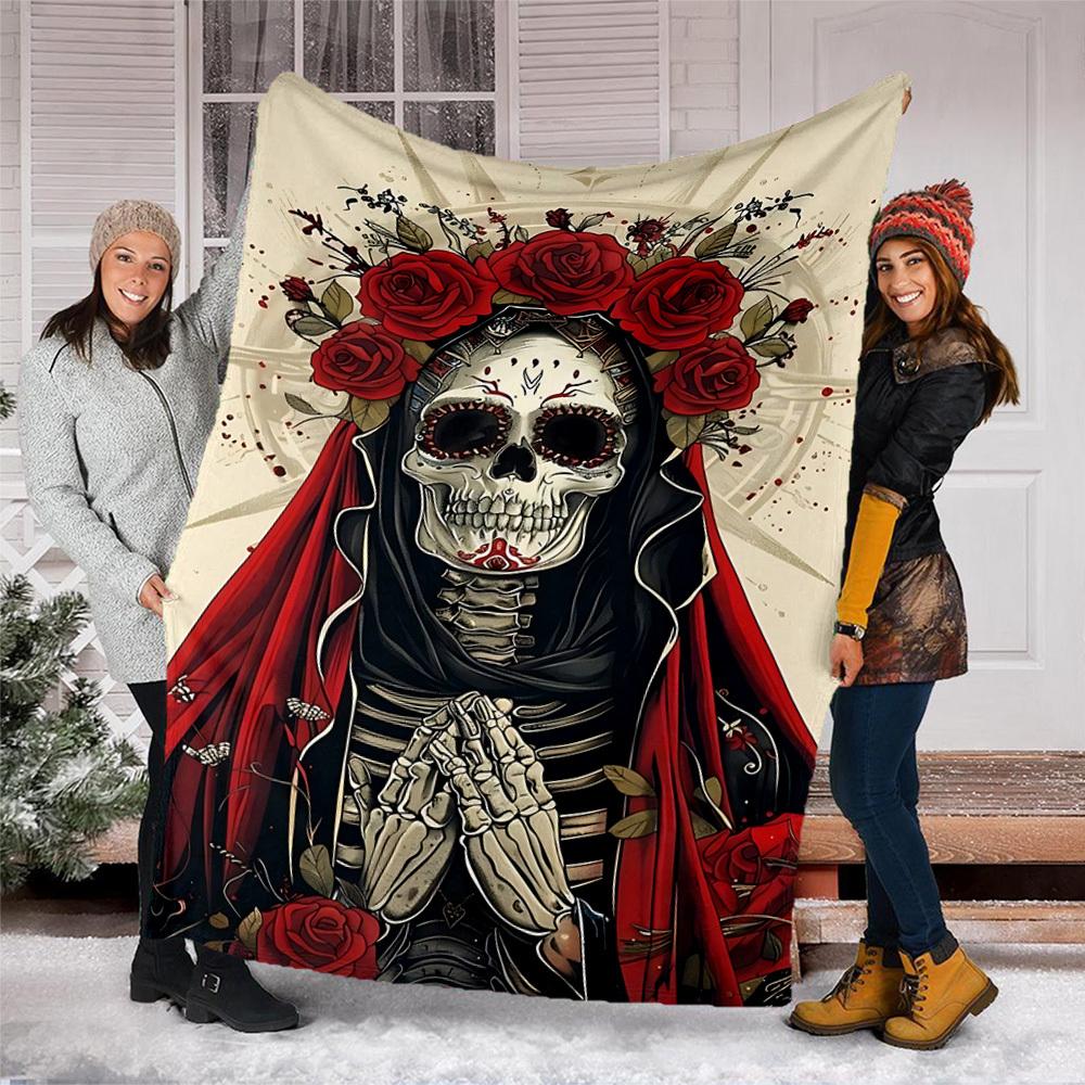 1pc Sugar Skull Throw Blanket Polyester Fiber, Lightweight Flannel, Soft & Warm, All Season Use for Outdoor, Camping Digital Print