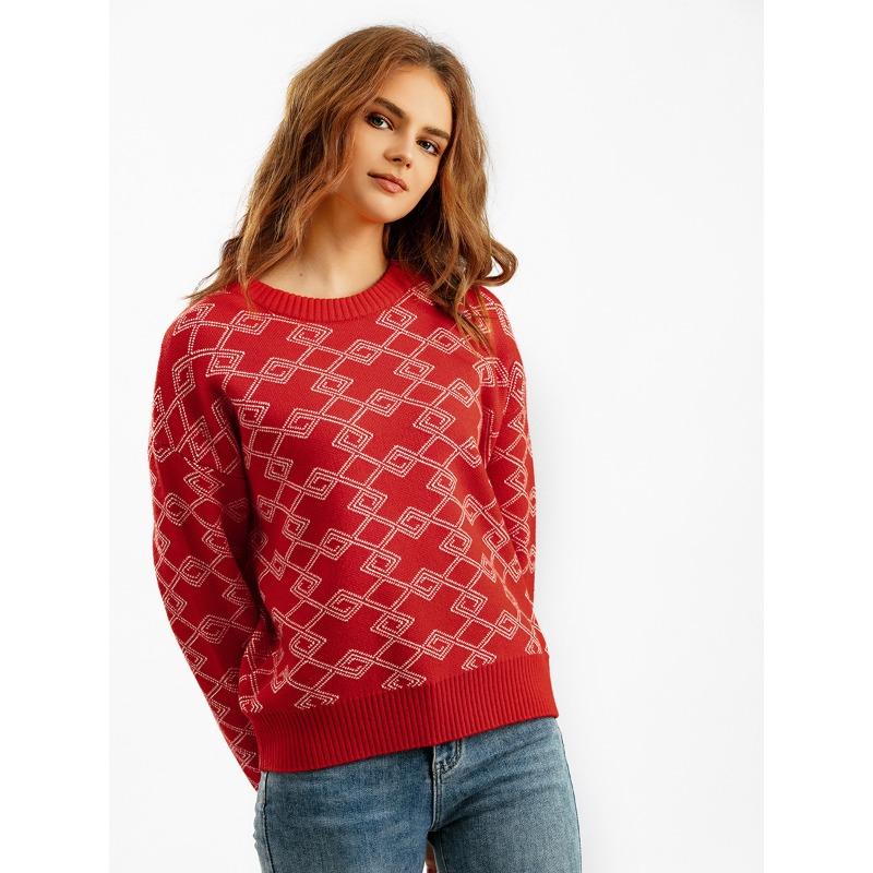 Suéter feminino de manga comprida jacquard para outono e inverno, gola redonda solta e versátil