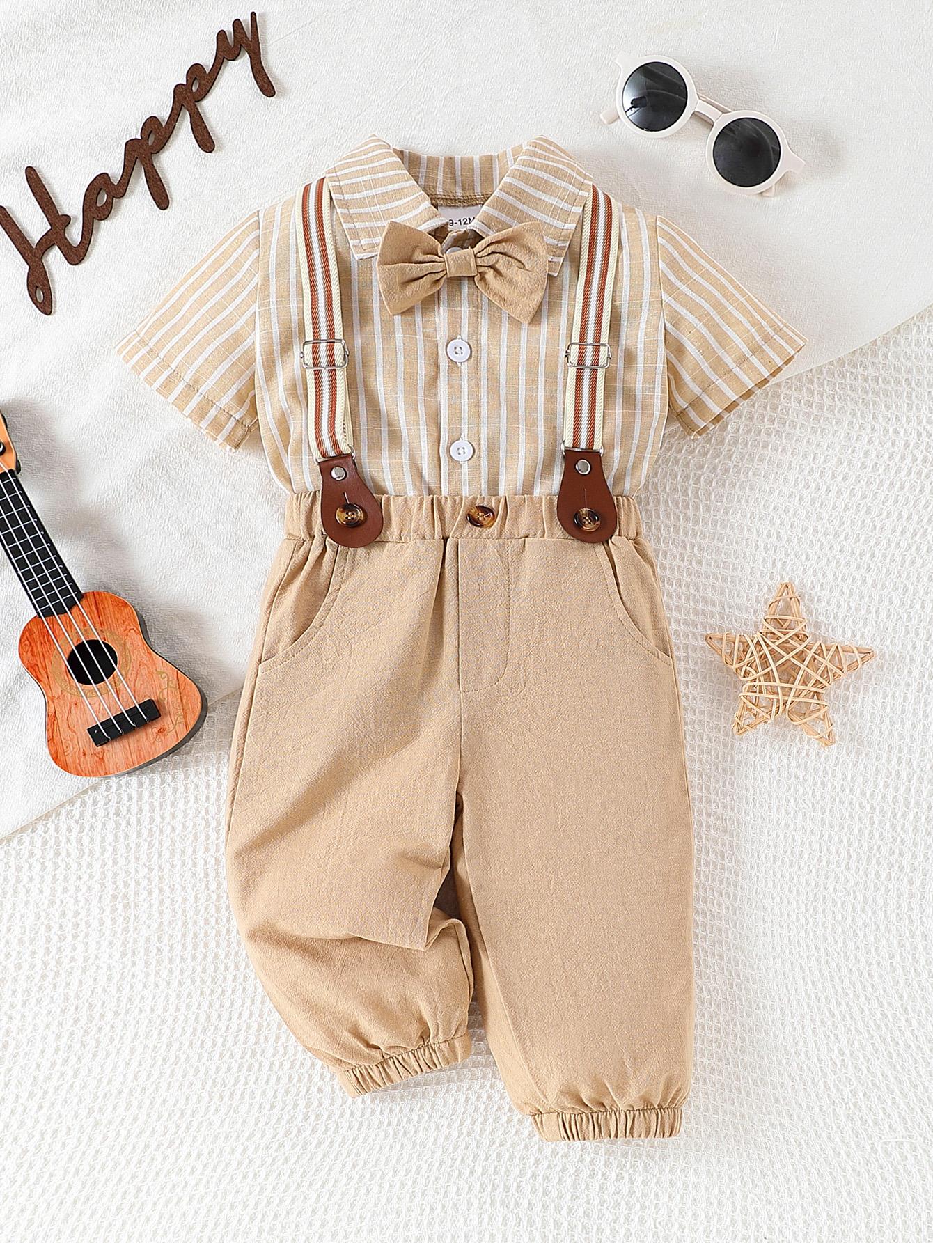 

Baby boy s bow tie decorative gentleman style vertical strip short-sleeved shirt and detachable romper set 3-6M хаки