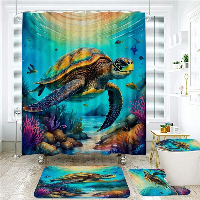 18 Colors 4Piece Marine Style Dolphin Waterproof Shower Curtain Set Anti-slip Mat Base Carpet Toilet Cover Pad Bathroom Kit