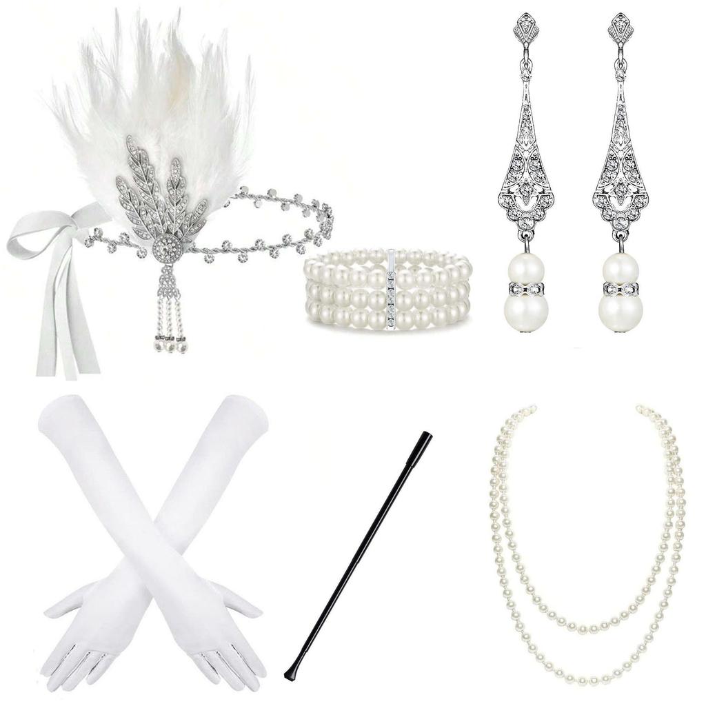 1920er Jahre Gatsby Kostüm Set: Feder-Haarband, Perlenkette, Zigarettenhalter, Handschuhe