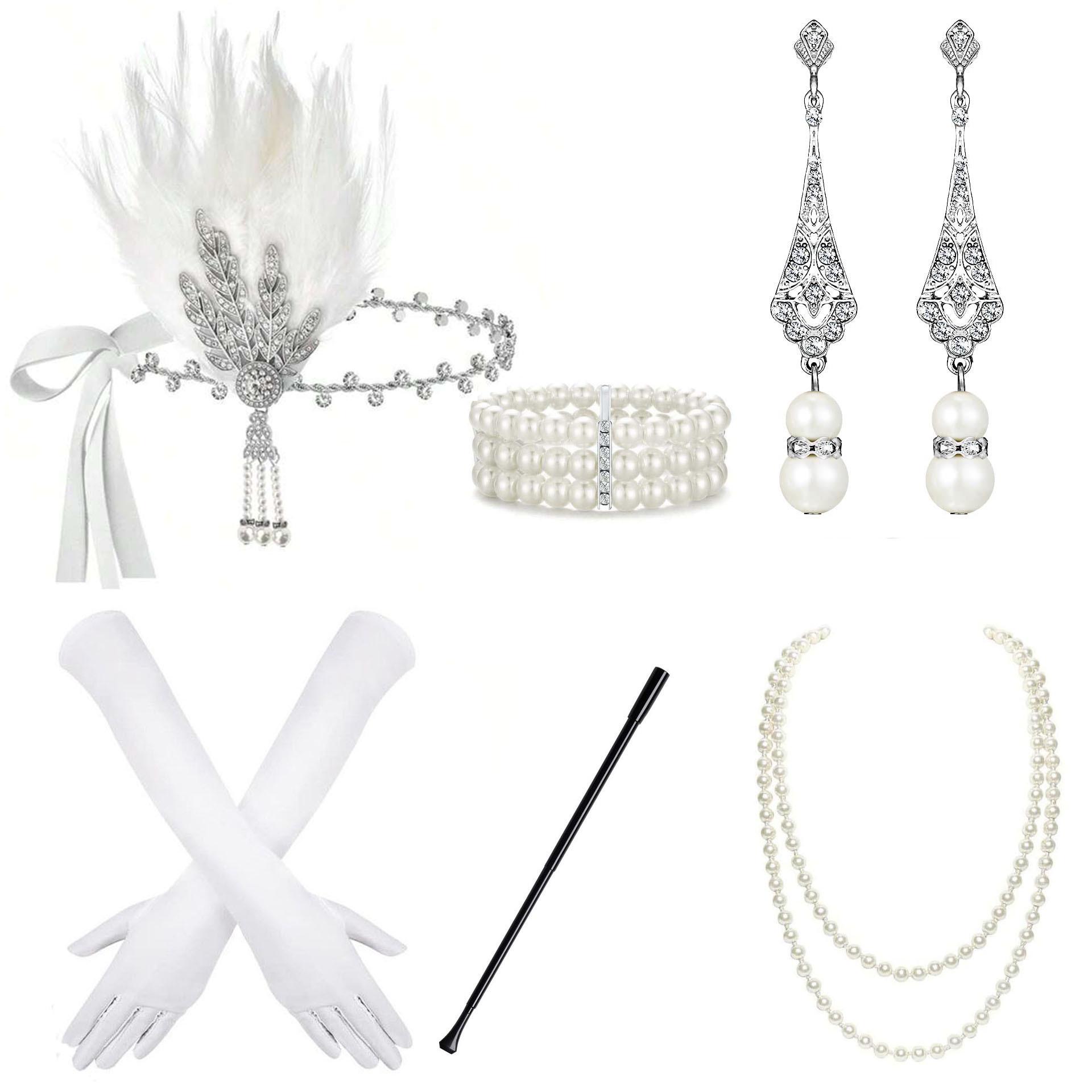 1920s Gatsby Costume Set: Feather Headband, Pearl Necklace, Cigarette Holder, Gloves белый