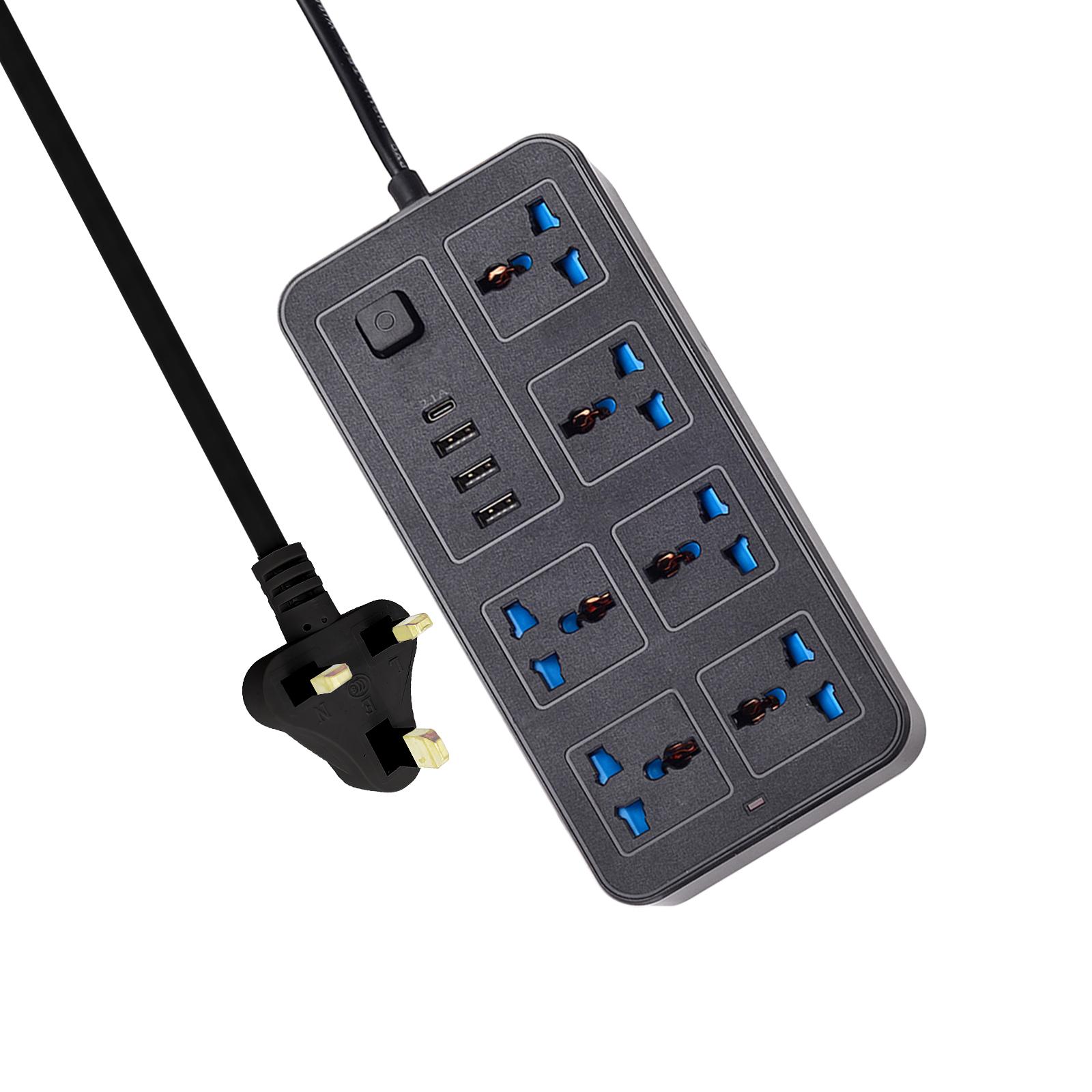 

Подовжувач живлення з 6 розетками змінного струму та 3 портами USB 1 типу C, подовжувач 6 футів, захист від перенапруг для дому UK Plug чорний