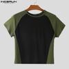 INCERUN Herren Rundhals Kurzarm Mesh Transparent Patchwork Figurbetont Cropped T-Shirts