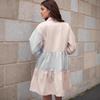 Women's Spring Summer Pink Blue Color Block Stripe Shirt Dress Lapel Collar Lantern Sleeve Patchwork Ruffle Hem Loose Casual Mini Dress