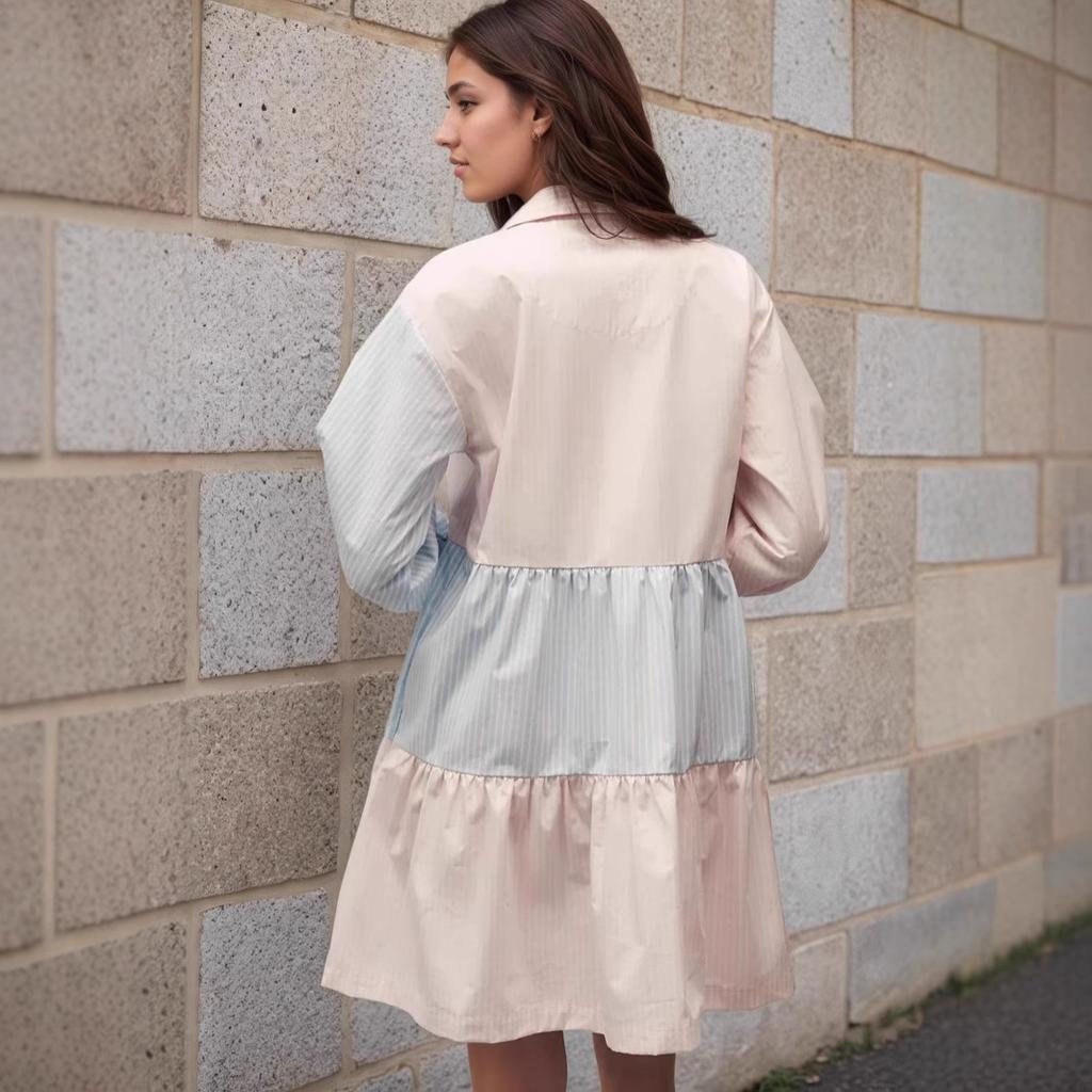 Women's Spring Summer Pink Blue Color Block Stripe Shirt Dress Lapel Collar Lantern Sleeve Patchwork Ruffle Hem Loose Casual Mini Dress