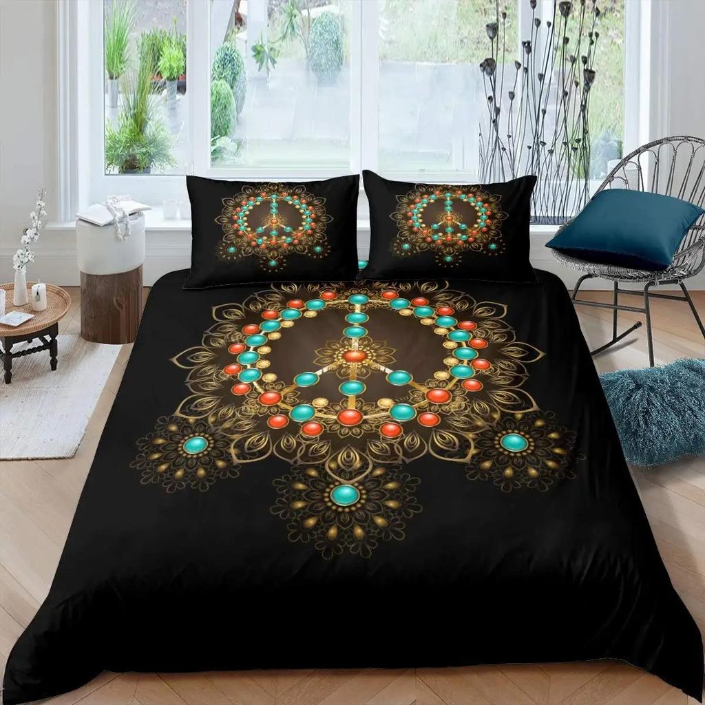 Peace Symbol Duvet Cover Set for Kids Boys Girls,Happiness World Bedding Set 3 Pcs,Queen Size,Green Brown Red Soft Bedroom Decor