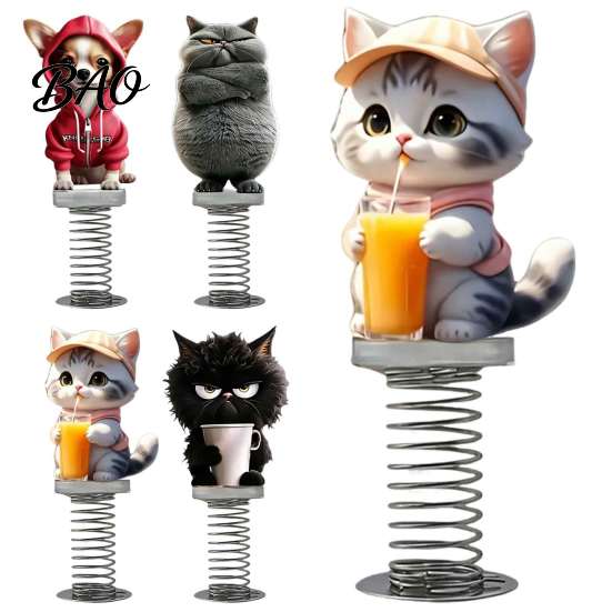 Cute Animal Dashboard Accessories Cat/Dog Car Ornaments, 2D Flat Acrylic Decorations Spring Swaying Ornaments with Self Adhesive Swing Base