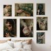 Vintage Victorian Art Woman Shell White Snake Peacock Feather Fan Pearl Poster Canvas Paintings Wall Art Pictures Home Decor