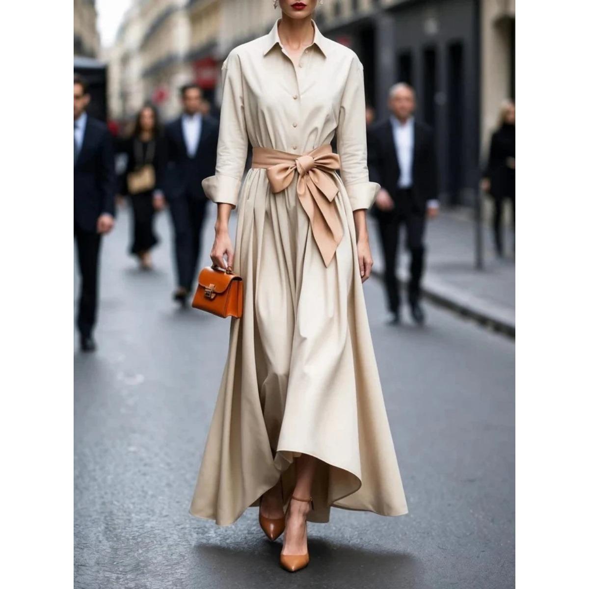 

European American Women s Solid Color Long Sleeve Shirt Collar Lace-up Midi Wrap Dress Casual Party Dress In Stock S