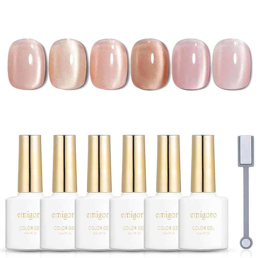 Emigoro Magnetic Gel Cat Eye with Sparkly and Fine Particles Nails, Gel, 6-Color Set, UV/LED Compatible, Magnets, Gel,