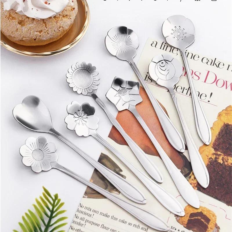 

Набор из 8 цветочных ложек, маленькие чайные ложки из нержавеющей стали, кофейные ложки, милые десертные ложки для мороженого, набор столовых приборов