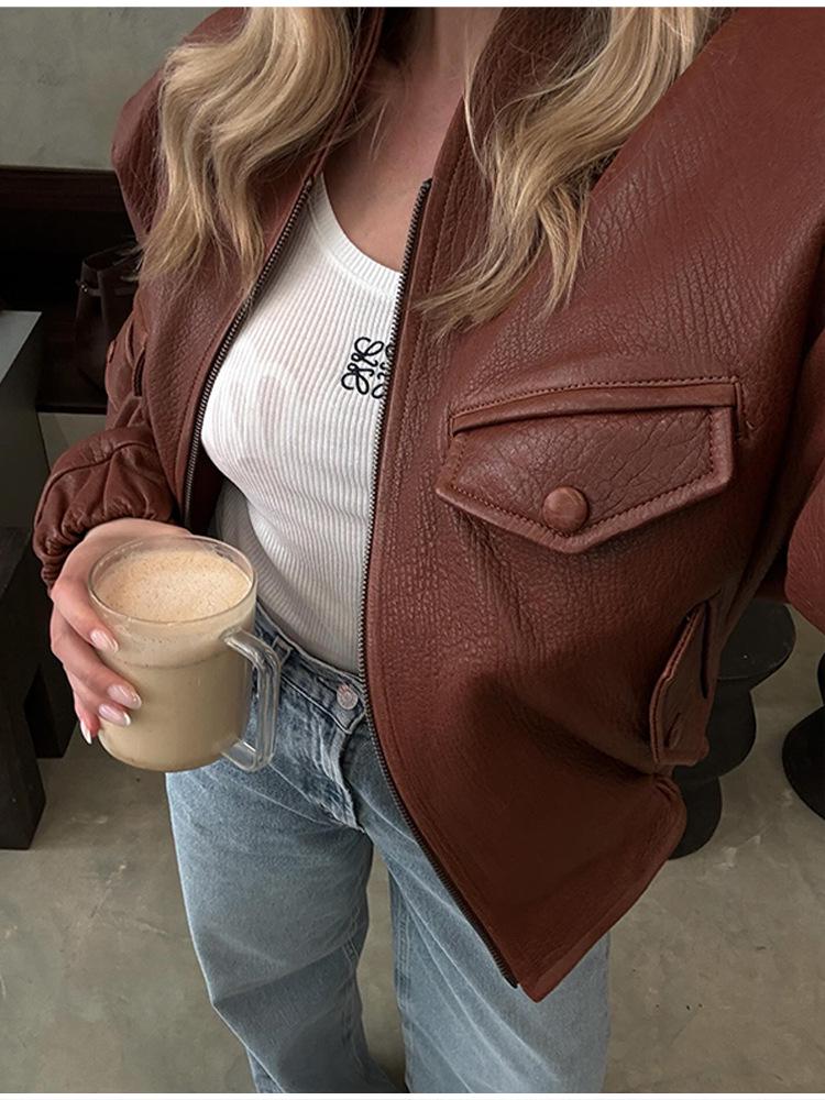 Women's 2025 Autumn Leather Jacket: Round Neck, Zipper, Multi-Pocket, Casual Street Style