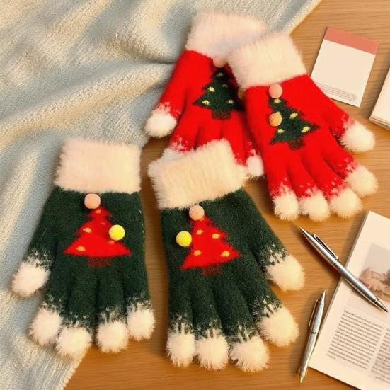 Knitted Christmas Gloves Unisex Christmas Tree Pattern Gloves Winter Touch Screen Fuzzy Gloves for Adults Kids Festive Wear