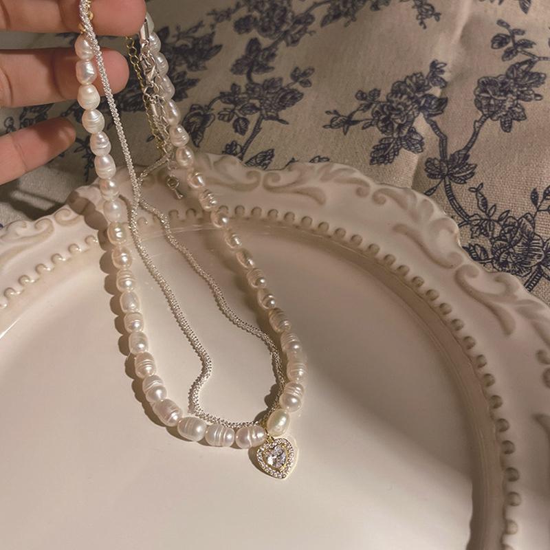 Halskjede med ferskvannsperler i koreansk stil for kvinner, delikat vintage kragebenkjede med zirkonanheng, festesmykker