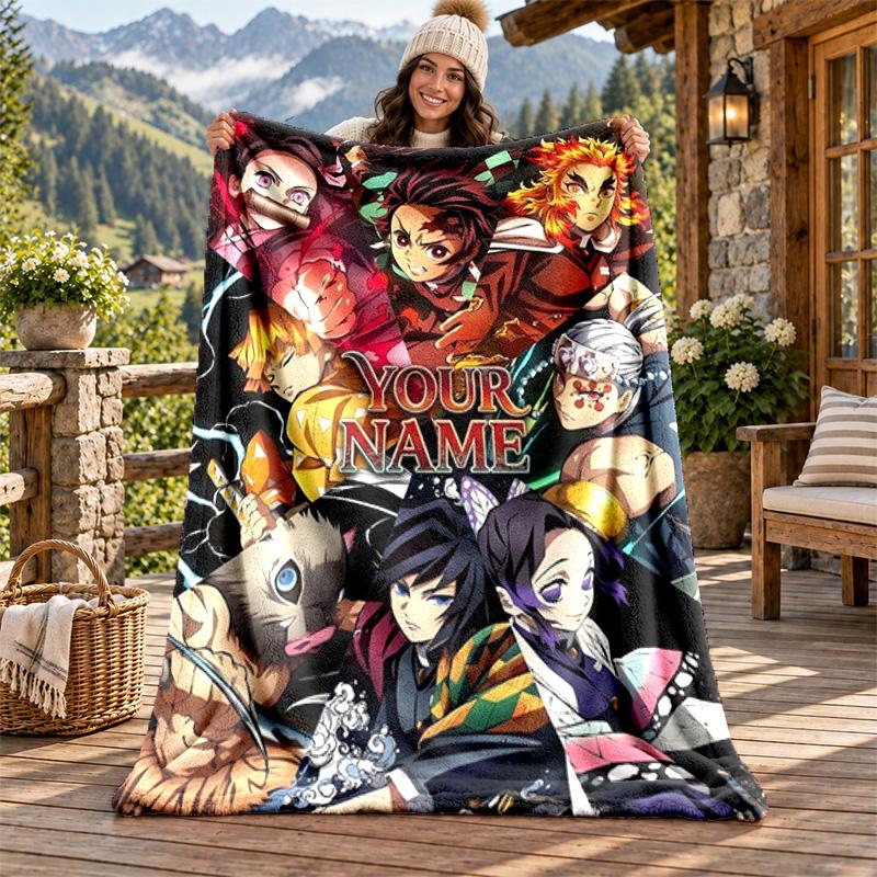Akaza Demon Slayer Individueller Name Flanelldecke Personalisierte Weiche Warme Plüschdecke Maßgeschneidertes Geschenk für Familie Freunde