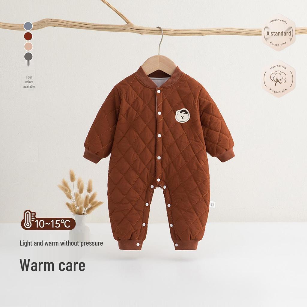 Quilted Cotton-Padded Snap-Front Baby Bodysuit for Boys & Girls - Warm Autumn/Winter Romper & Crawling Suit