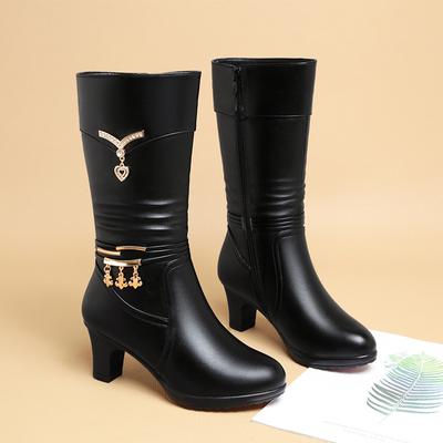 Dames Comfortabele Fleece Middelhoge Laarzen Herfst Winter Dikke Hak Rits aan de Zijkant Puntige Mode Hoge Hak Laarzen