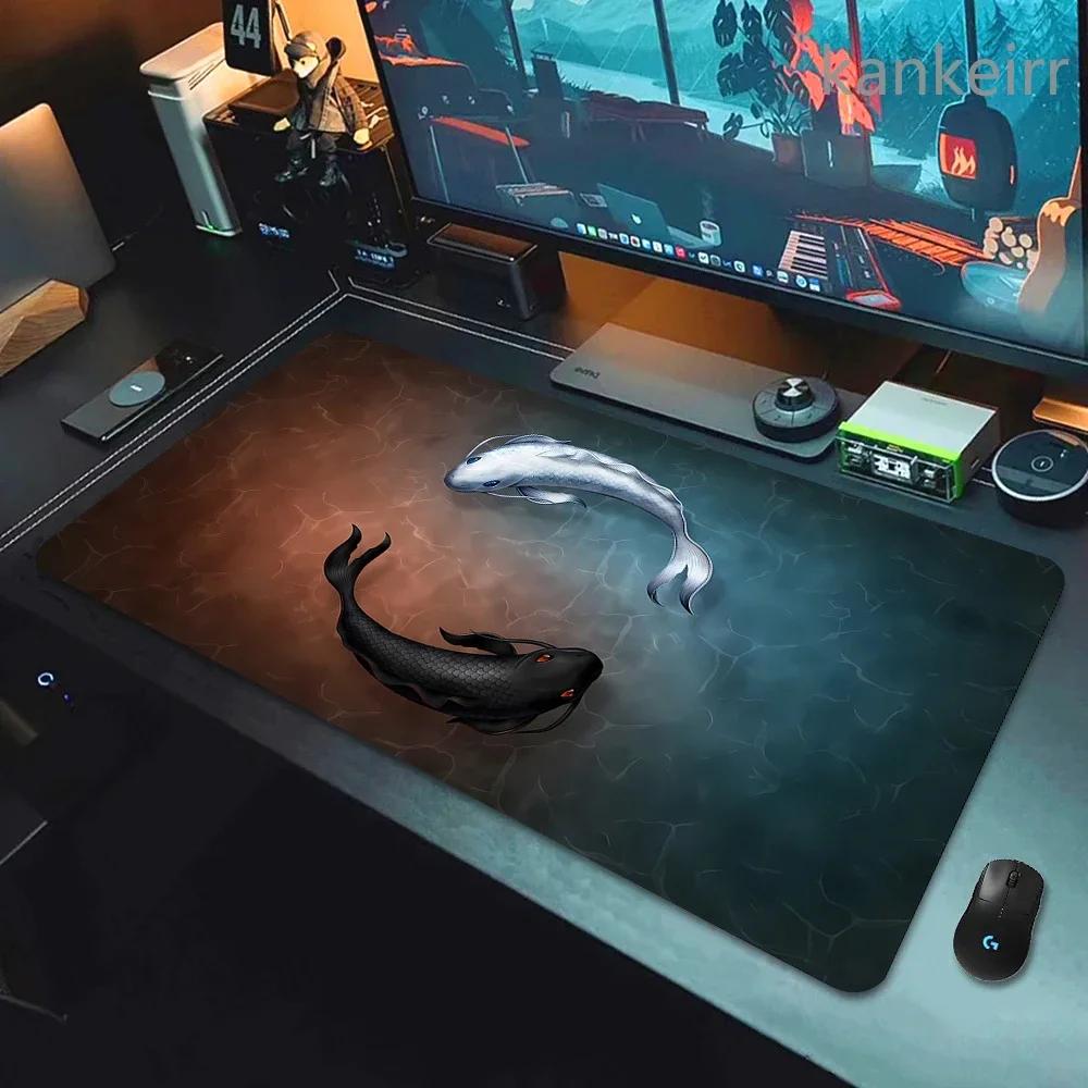 Koi Yinyang Black and White Mouse Pad Large Mausepad XL Deskmat Gray Keyboard Mouse Mat 1000x500 Carpet Extended Pads for Office