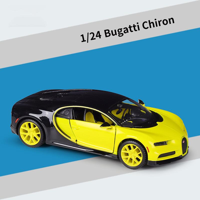 1:Model de mașină Bugatti Chiron la scară de 24 de jucării pentru jucării pentru băieți cu vârsta de 3-12 ani, vehicule cu tragere înapoi cu uși muzicale și capotă care pot fi deschise