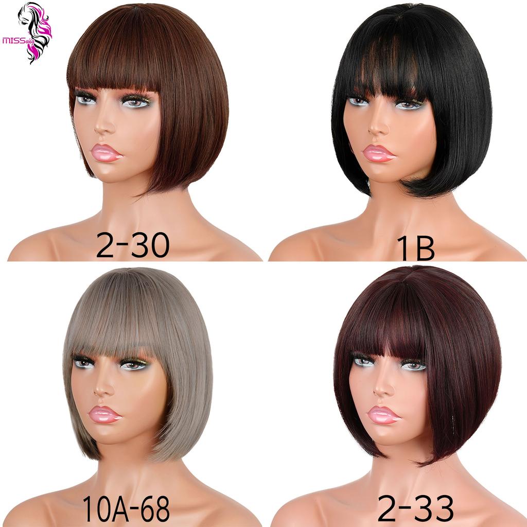 XINRAN Straight Black Synthetic Wig with Bangs Women's Short Length Hair Bob Wig Heat Resistant Bobo Hairstyle Daily Wig