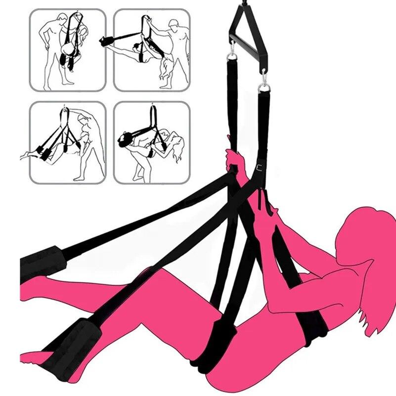 Mykt materiale Sex Swing Erotiske leker med stropp Sele Tau Kjærlighetsmøbler med metallslynge for Bdsm Fetish Bondage Sexstilling