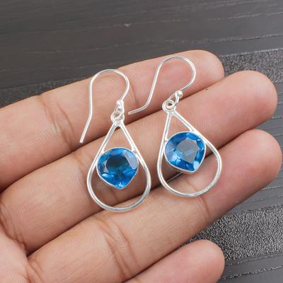 Schweizer Blautopas 925 Sterlingsilber Schmuck, Handgefertigte Wunderschöne Silberohrringe, Topas Edelsteinohrringe Für die Liebe