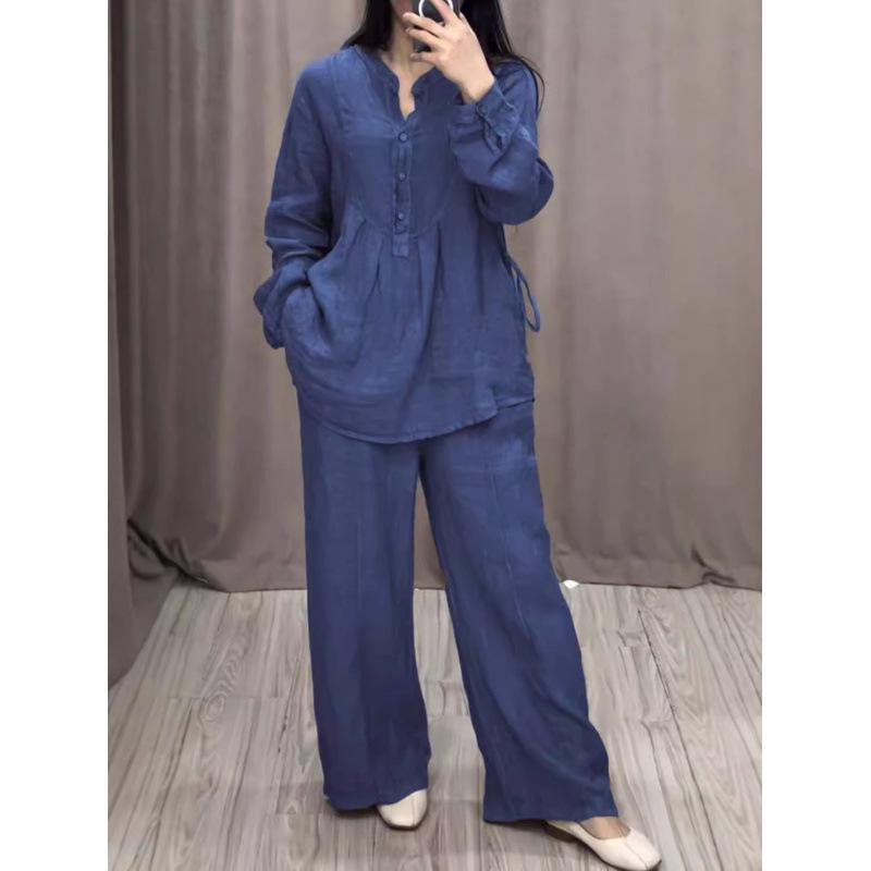 

2024 Осенний комплект из хлопка и льна: брюки с широкими штанинами на кулиске и топ с длинными рукавами и планкой до середины. 4XL темно-синий