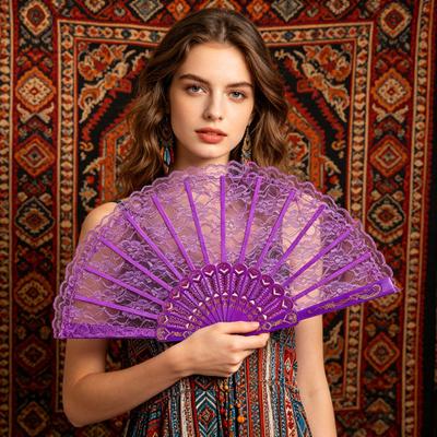 Vintage Lace Folding Fan Plastic Ribs Hand Held Fan Portable Summer Cooling Fan Wedding Dance Party Performance Props