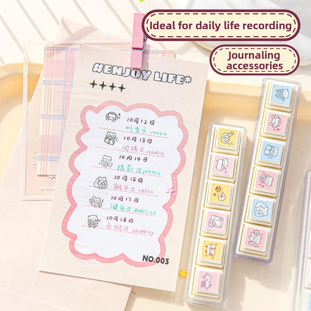 6Pcs Cartoon Cat Seal Sweet Dream Diary Series Cute Stamp Seal Set Stationery Journal Scrapbooking Diary DIY Decoration Gift