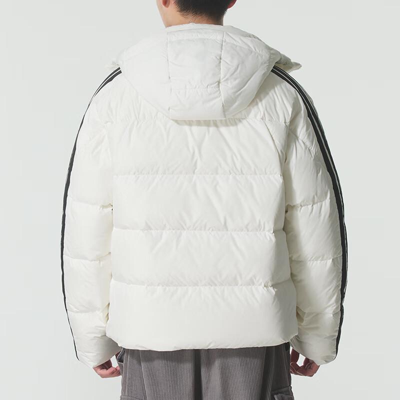 Adidas Jachetă de puf pentru bărbați, de exterior, casual, cu glugă, sport, călduroasă, rezistentă la vânt, cu mâneci lungi, cu dungi KC2494