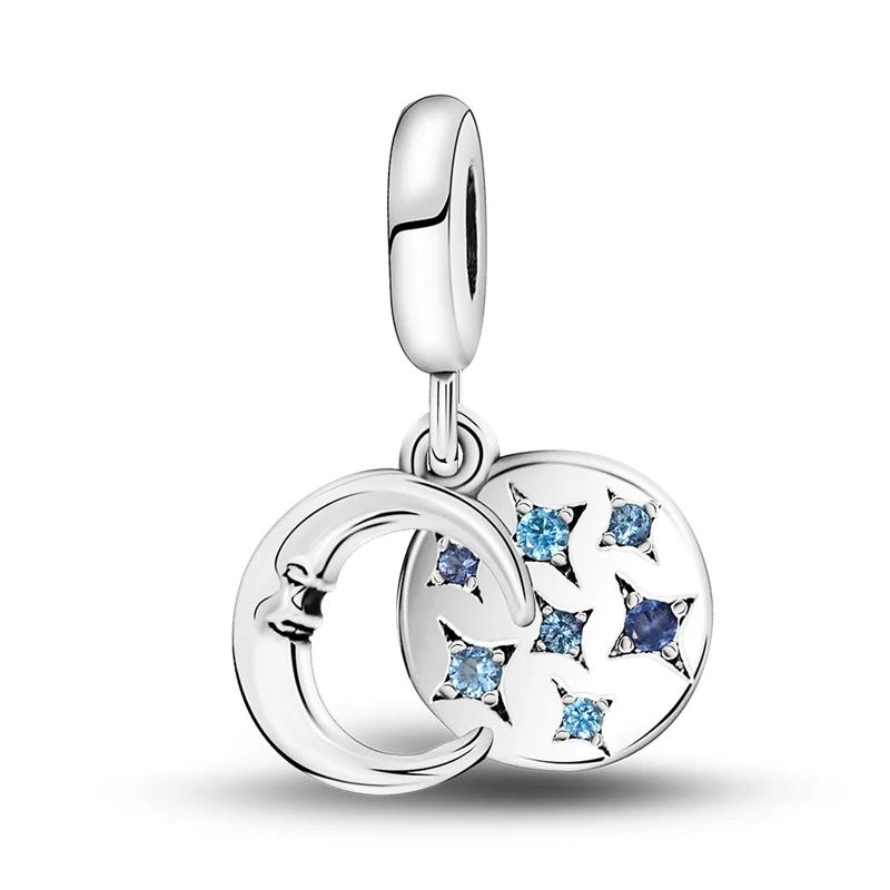Authentischer Kupfer-Charm Mond Gelbe Sterne Blaue Zirkone Federn Perlen-Charms Kompatibel mit Armbändern Damen DIY-Accessoire Valentinstag Feines Geschenk