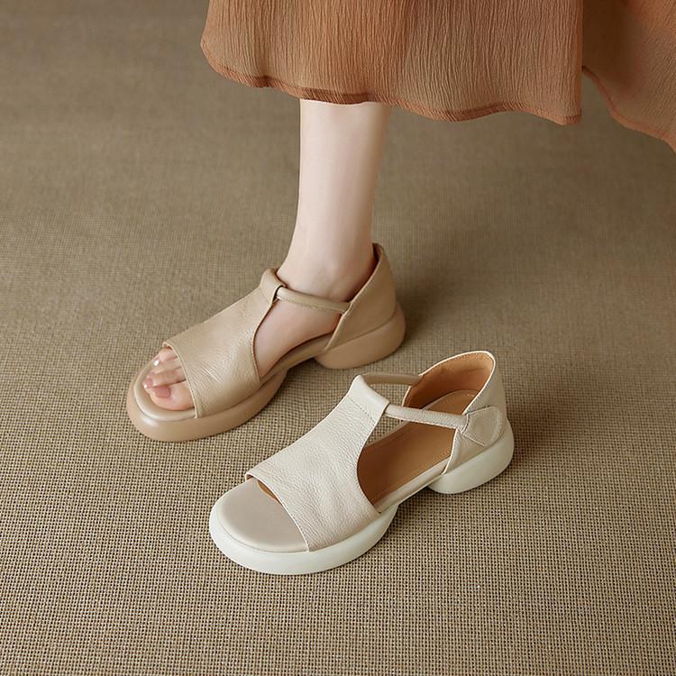 Soft Leather Platform Muffin Fish Mouth Sandals Women's 2025 New Summer Thick Heel Medium Heel Soft Sole Velcro Roman Shoes