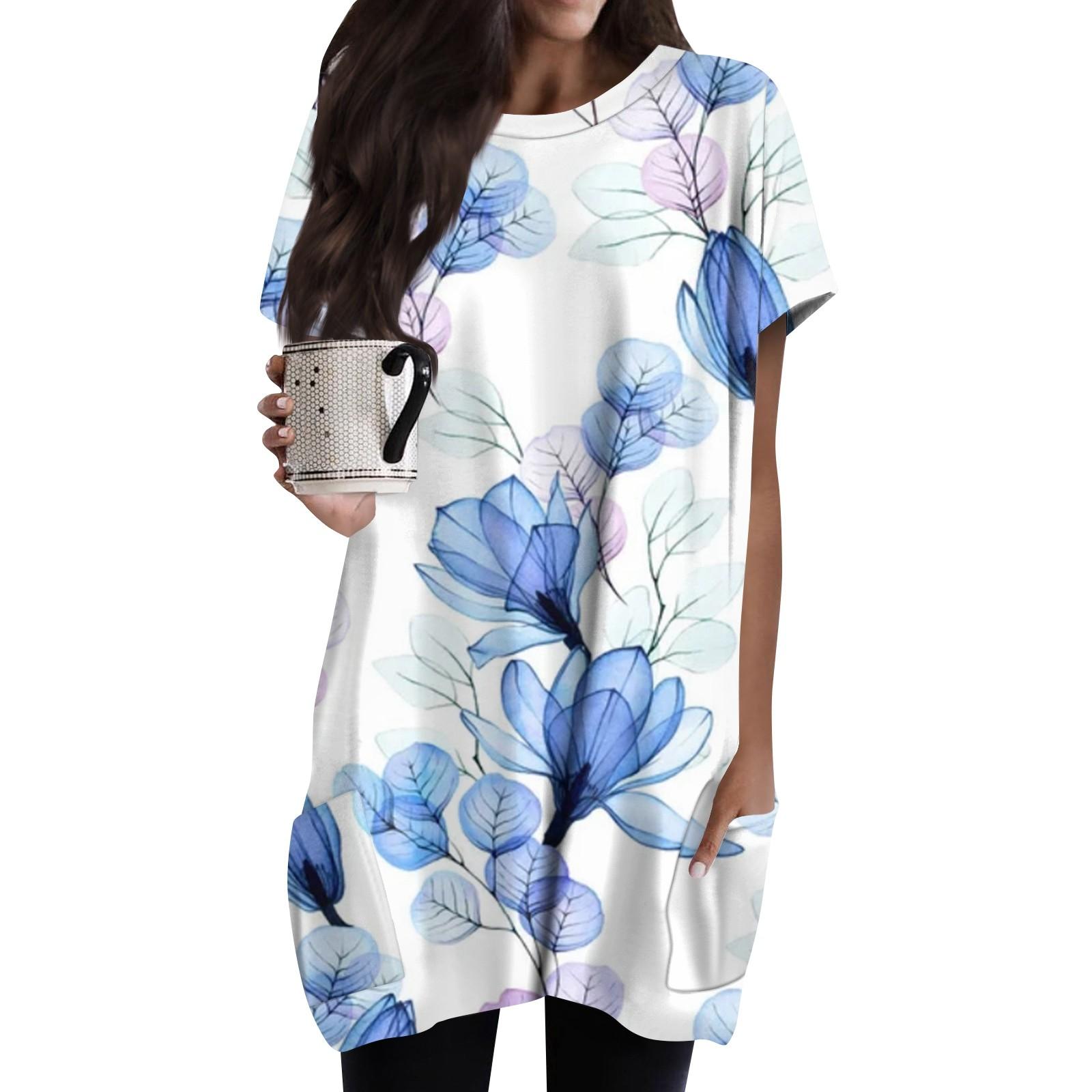 

Жіноча довга футболка міді з вінтажним квітковим принтом і кишенею з круглим вирізом і короткими рукавами M