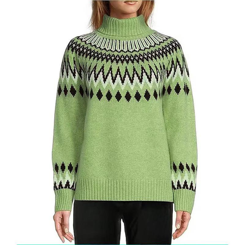 Damenmode Casual Geometric Print Herbst Winter Langarm Halb Rollkragen Lose Pullover