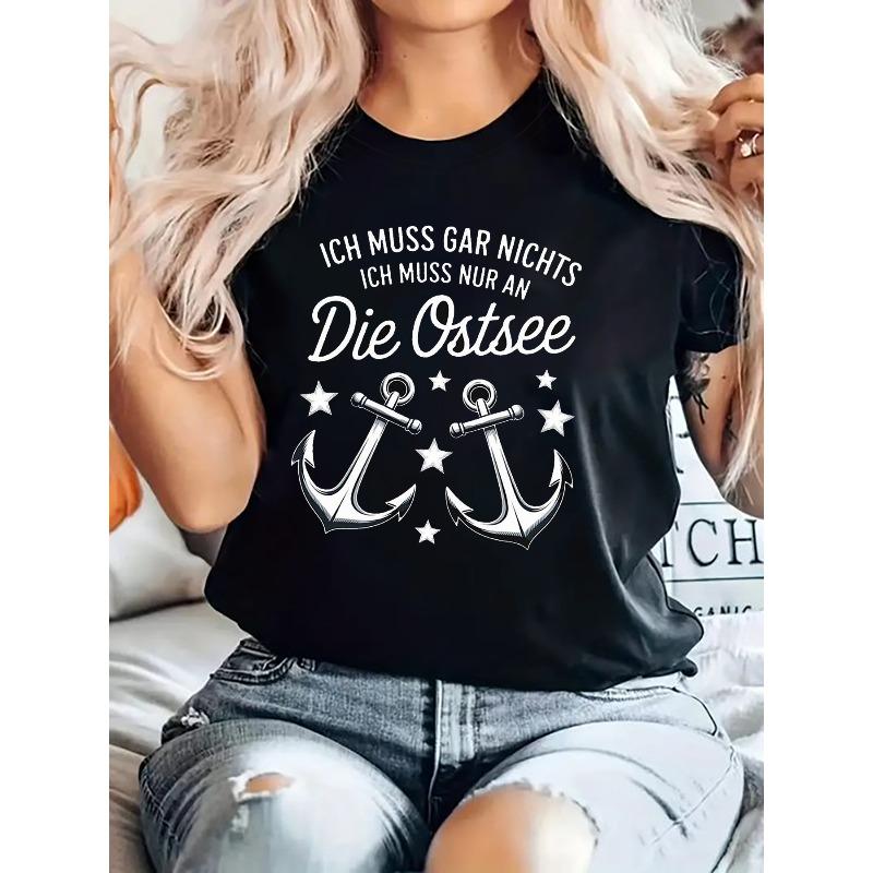 

Plus Size Women s German Baltic Sea Slogan Print Tee Short Sleeve Crew Neck Casual Spring Summer Top S чёрный