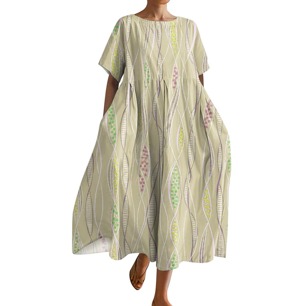 Abito da donna alla moda con stampa sfumata, scollo tondo, maniche corte, ampio e ampio taschino