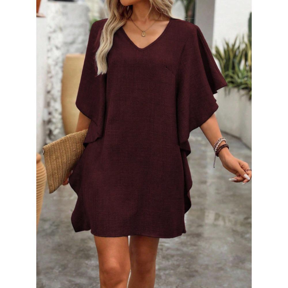 

Летнее однотонное свободное платье с рюшами и V-образным вырезом S бордовый