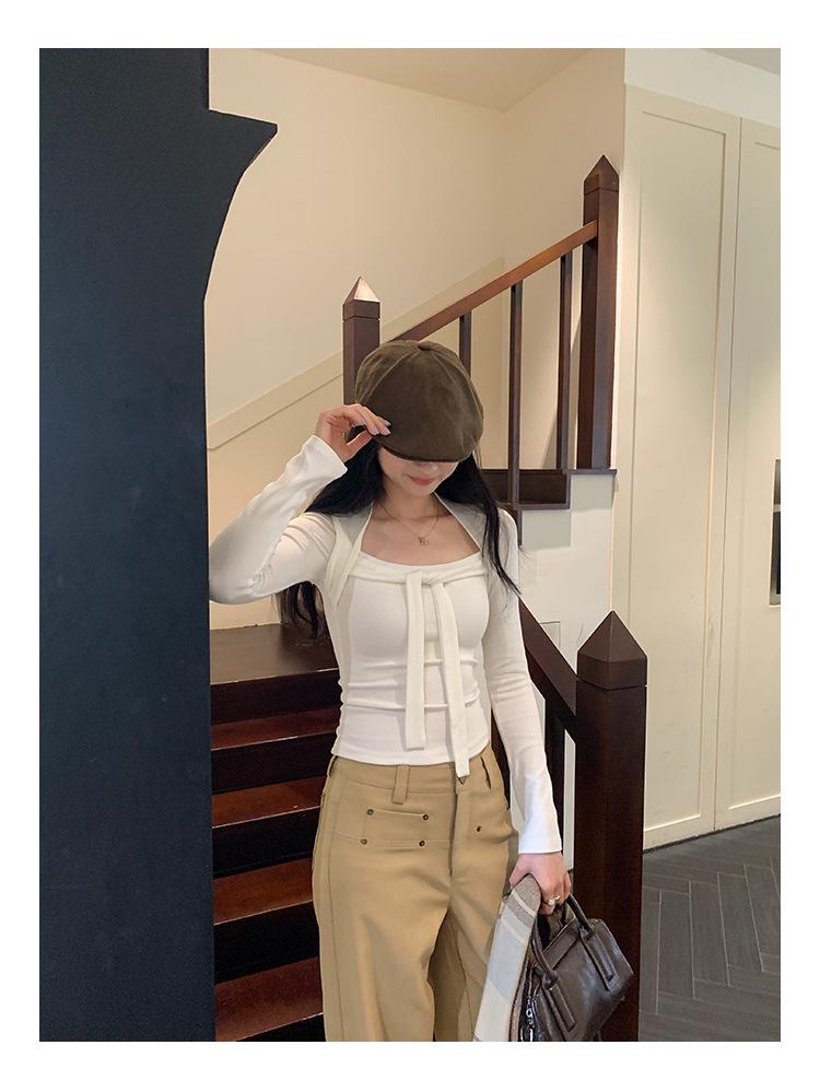 Women's Lace-Up Square Neck Slimming Crop T-Shirt for Autumn/Winter 2025